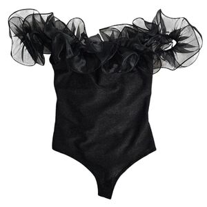 Nwt Mainstrip Black Wired Ruffle Off Shoulder Organza Crepe Knit Bodysuit